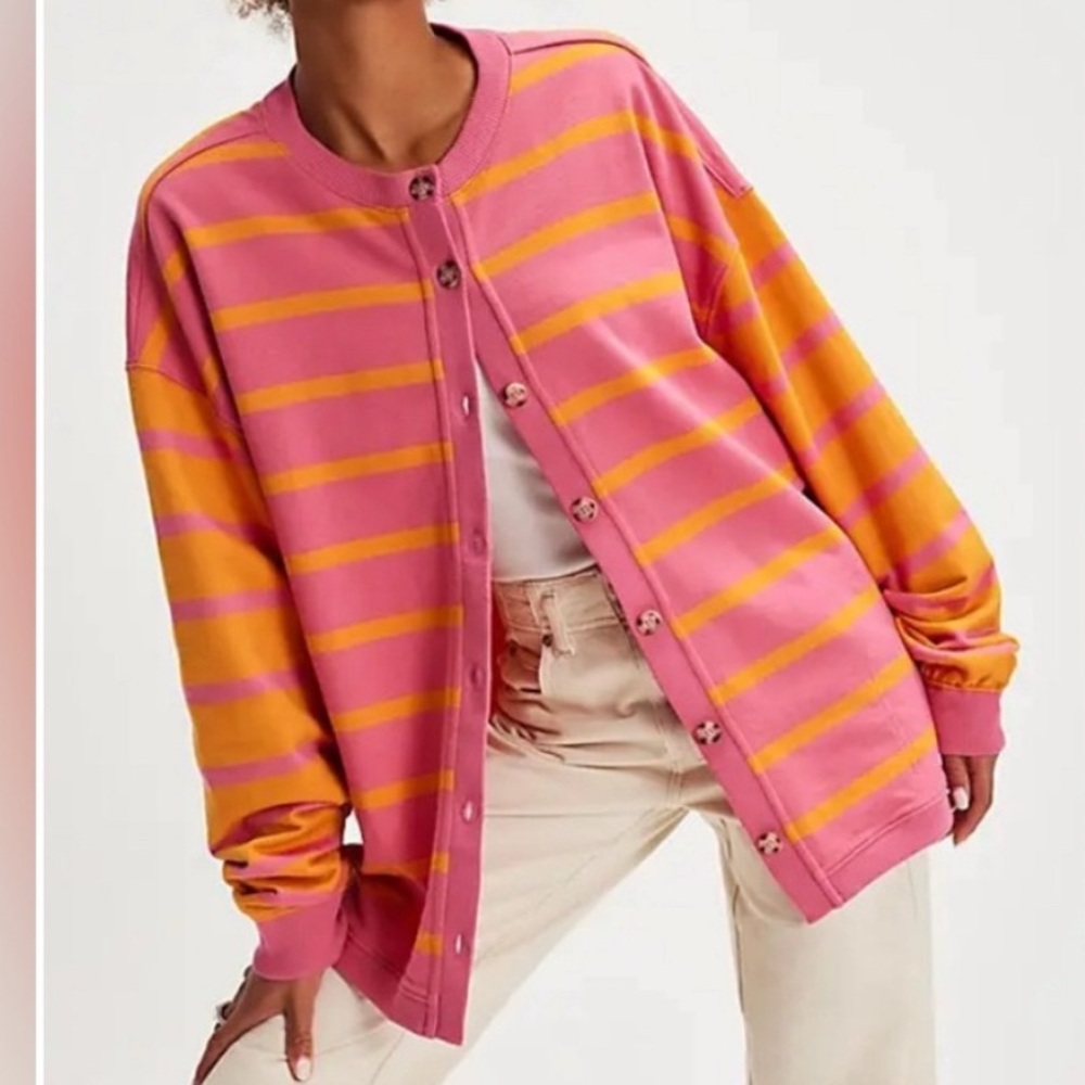 Free People Pink and Orange Striped Cardigan